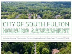 Discover South Fulton’s Housing Assessment: Building a Brighter Future for Every Neighbor! Cover of the 'City of South Fulton Housing Assessment' report by the Atlanta Regional Commission Community Development Assistance Program (CDAP), showing an aerial view of a residential street lined with houses and trees.