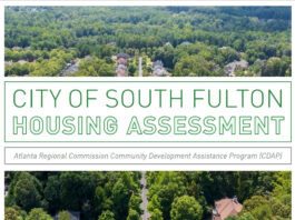 Cover of the 'City of South Fulton Housing Assessment' report by the Atlanta Regional Commission Community Development Assistance Program (CDAP), showing an aerial view of a residential street lined with houses and trees.
