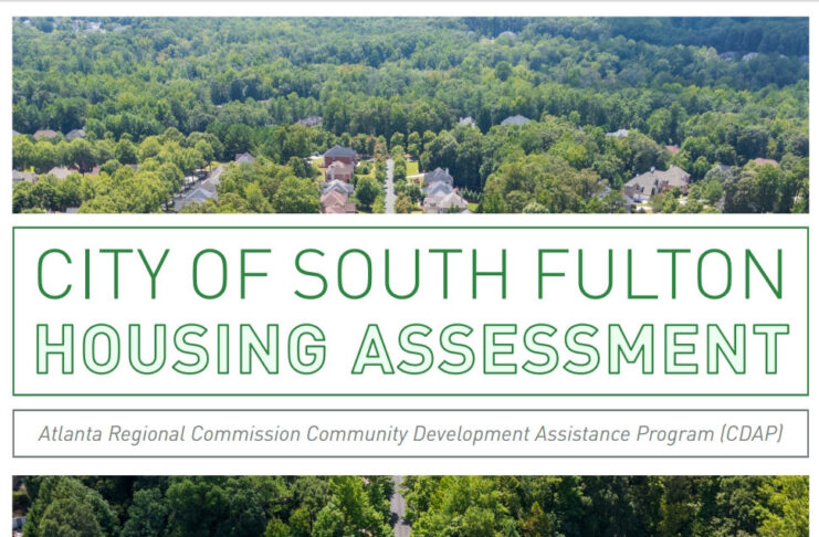 Cover of the 'City of South Fulton Housing Assessment' report by the Atlanta Regional Commission Community Development Assistance Program (CDAP), showing an aerial view of a residential street lined with houses and trees.
