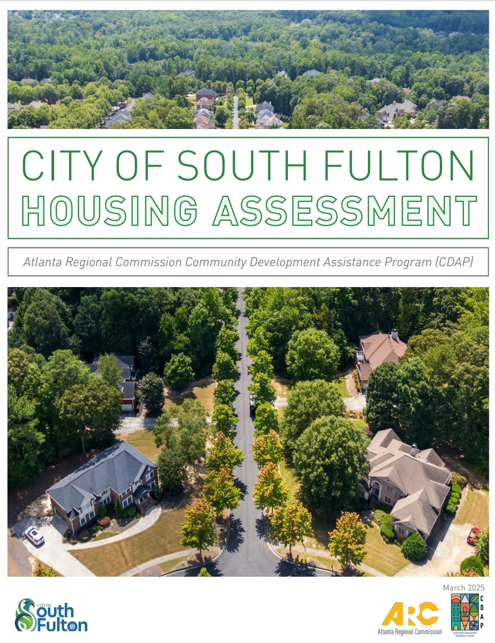Cover of the 'City of South Fulton Housing Assessment' report by the Atlanta Regional Commission Community Development Assistance Program (CDAP), showing an aerial view of a residential street lined with houses and trees.