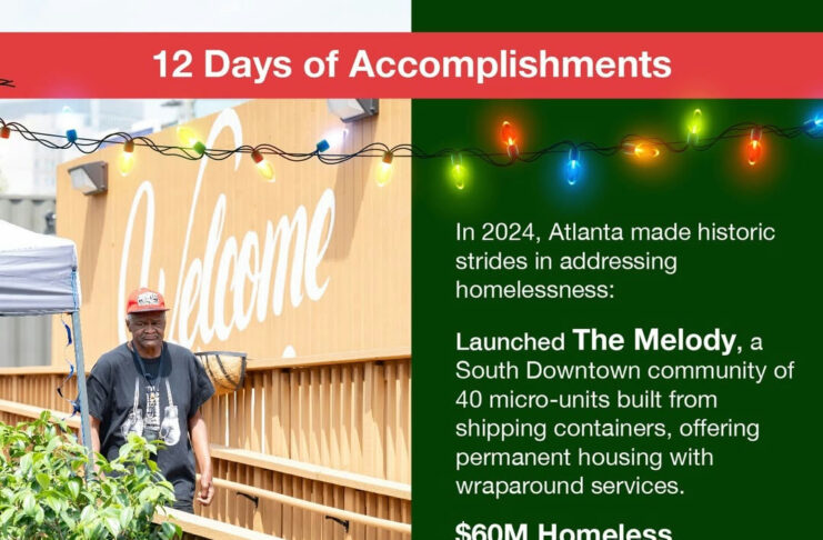 Photo by City Of Atlanta on December 03, 2024. May be an image of 1 person and text that says "12 Days of Accomplishments In 2024, Atlanta made historic strides in addressing homelessness: caome Launched The Melody, a South Downtown community of 40 micro-units built from shipping containers, offering permanent housing with wraparound services. $60M Homeless Opportunity Bond-the largest in Atlanta' S history- history-supporting up to 700 affordable housing units. City of Oppurtunity for All".