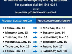 Curbside Collections Suspension and Reschedule Photo by The Atlanta City Council on January 10, 2025. Có thể là hình ảnh về xe dịch vụ, xe ủi tuyết, lịch, xe moóc và văn bản cho biết 'All services WIn be peyaй e y one day ΠΕ week. For questions dial 404-546-0311 or visit https:/ti.WasteWizardTo REGULAR COLLECTION DAY FRIDAY, JAN. 10 RESCHEDULED COLLECTION DAY MONDAY, JAN. 13 TUESDAY, JAN. 14 WEDNESDAY, JAN. 15 THURSDAY, JAN. 16 FRIDAY, JAN. 17 MONDAY, JAN. 13 TUESDAY, JAN. 14 WEDNESDAY, JAN. 15 THURSDAY, JAN. 16 FRIDAY, JAN. 17 SATURDAY, JAN. 18 esfyor ATLANT Connectwith: ConлcR withu @AtiantaPublloWorks 8 KATLPublioWorks X@ATLPublboWorks Vextdoor gCity of Atlonta, Department Publio Works'.
