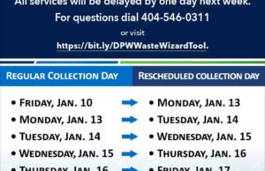 Curbside Collections Suspension and Reschedule Photo by The Atlanta City Council on January 10, 2025. Có thể là hình ảnh về xe dịch vụ, xe ủi tuyết, lịch, xe moóc và văn bản cho biết 'All services WIn be peyaй e y one day ΠΕ week. For questions dial 404-546-0311 or visit https:/ti.WasteWizardTo REGULAR COLLECTION DAY FRIDAY, JAN. 10 RESCHEDULED COLLECTION DAY MONDAY, JAN. 13 TUESDAY, JAN. 14 WEDNESDAY, JAN. 15 THURSDAY, JAN. 16 FRIDAY, JAN. 17 MONDAY, JAN. 13 TUESDAY, JAN. 14 WEDNESDAY, JAN. 15 THURSDAY, JAN. 16 FRIDAY, JAN. 17 SATURDAY, JAN. 18 esfyor ATLANT Connectwith: ConлcR withu @AtiantaPublloWorks 8 KATLPublioWorks X@ATLPublboWorks Vextdoor gCity of Atlonta, Department Publio Works'.