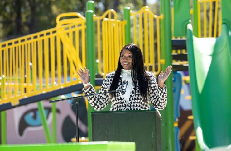 Photo by Nicole Love Hendrickson on October 15, 2025. May be an image of child, smiling, slide, park and text.