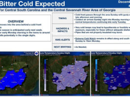 Photo by Augusta, Georgia Government on December 13, 2025. May be an image of map, radar and text that says 'Bitter Cold Expected For Central South Carolina and the Central Savannah River Area of Georgia TIMING December 4:24 cold front OVERVIEW moves into the area behind Sunday. Coldest season anticipated next Forecast lows early Monday morning the teens with wind chills potentially single digits. 2025 EST Cold afternoon arrives Sunday night into Monday morning with normal temperatures continuing into early Tuesday. gusty winds, especially around HAZARDS IMPACTS exposure, Pipes that below NWS ALERTS lead those without adequate properly insulated may burst. with prolonged Extreme Sunday Watch remains 0am Monday. NEXT BRIEFING effect along and south Needed. Sunday from 10pm'.