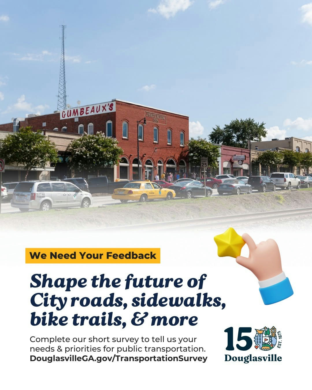 Photo by City of Douglasville, GA on December 13, 2025. May be an image of ‎bicycle, magazine, signboard, road, street and ‎text that says '‎GUMBEAUX'S اااأل បិនាអក្សរា We Need Your Feedback Shape the future of City roads, sidewalks, bike trails, ع more Complete our short survey to tell us your needs & priorities for public transportation. 15 15（ ន 45 Douglailigo/rarporatoi Douglasville‎'‎‎.