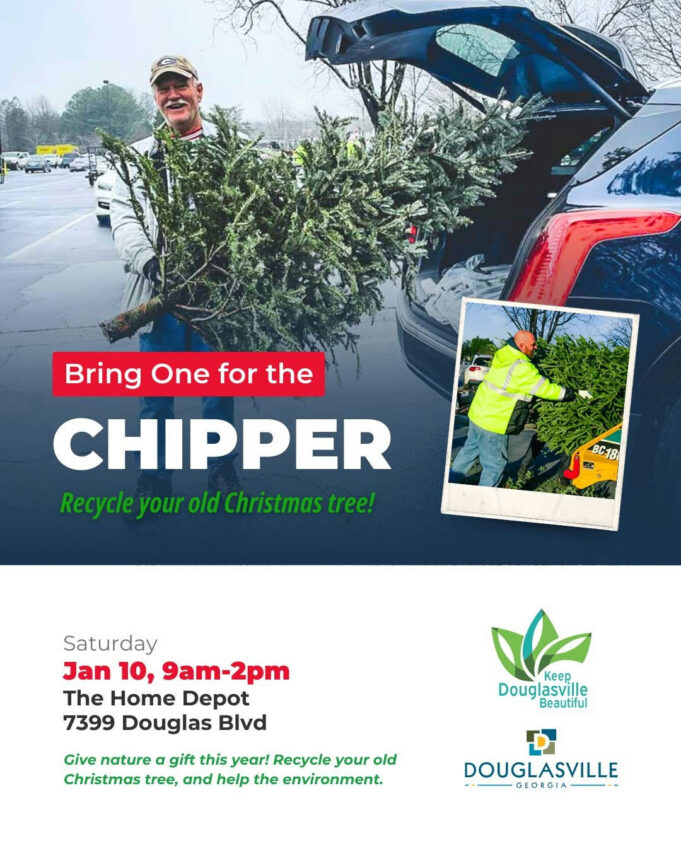 Photo by City of Douglasville, GA on December 12, 2025. May be an image of grasshopper, car, lawnmower, poster, herb and text that says 'EP Bring One for the CHIPPER Recycle your old Christmas tree! BC18 Saturday Jan 10, 9am-2pm The Home Depot 7399 Douglas Blvd Keep Doug Douglasville Beautiful Give nature gift this year! Recycle your old Christmas tree, and help the environment. DOUGLASVILLE GLORGIA GI'.