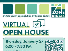 Join the Community Engagement Event Photo by Commissioner Michelle Long Spears on December 18, 2025. May be an image of poster, office and text that says 'DeKalb County Zoning & Sign Ordinance Update ZONE DEKALB VIRTUAL OPEN HOUSE Thursday, January 27 6:00- 7:30 M Zoom Meeting Join US to learn about the code update and help shape the County's future! LEARN MORE engedeabababomogpDpe Scan here to register!'.